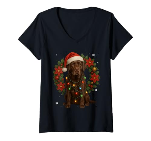 Damen Weihnachtskranz mit Labrador-Motiv, Weihnachtsmotiv T-Shirt mit V-Ausschnitt Damen Weihnachtskranz mit Labrador-Motiv, Weihnachtsmotiv T-Shirt mit V-Ausschnitt von Cute Labrador Retriever XMAS Animal Dog Design