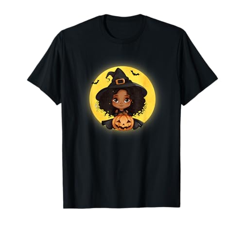 Süßes kleines schwarzes Mädchen im Hexenkostüm mit Kürbis T-Shirt Süßes kleines schwarzes Mädchen im Hexenkostüm mit Kürbis T-Shirt von Cute Little Black Girl in Witch Costume with Pumpk
