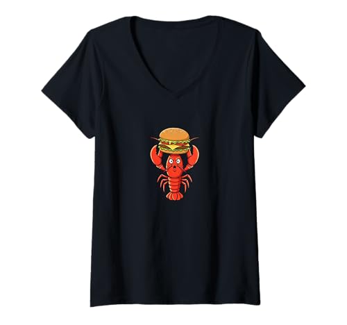 Damen Lustiger Hummer mit Cheeseburger Fast Food Cartoon T-Shirt mit V-Ausschnitt Damen Lustiger Hummer mit Cheeseburger Fast Food Cartoon T-Shirt mit V-Ausschnitt von Cute Lobster Foodie Cartoon