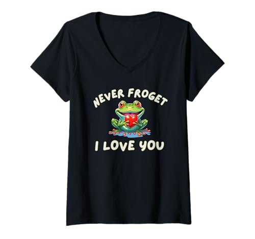 Damen Frosch Never Froget I Love You Happy Heart Big Eyed Love Fun T-Shirt mit V-Ausschnitt von Cute Loving Funny Frogs and Toads CLR