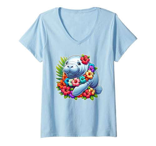 Damen Seekuh Blumen Hibiskus Blume Säugetier Tier Sommer Urlaub T-Shirt mit V-Ausschnitt Damen Seekuh Blumen Hibiskus Blume Säugetier Tier Sommer Urlaub T-Shirt mit V-Ausschnitt von Cute Manatee Gifts For Florida Lovers
