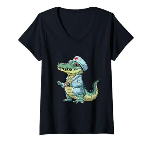 Damen Gesundheitswesen Krankenpflege Krokodilliebhaber Krokodil Doktor T-Shirt mit V-Ausschnitt von Cute Medical Nurse Animals