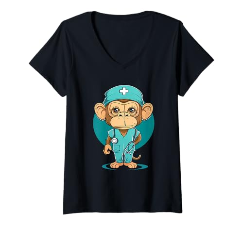 Damen Monkey Nurse Stethoskop AFFE Arzt Gesundheitswesen Krankenpflege T-Shirt mit V-Ausschnitt Damen Monkey Nurse Stethoskop AFFE Arzt Gesundheitswesen Krankenpflege T-Shirt mit V-Ausschnitt von Cute Medical Nurse Animals