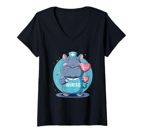 Damen Nurse Hippo Nurse Appreciation Nursing School Stethoskop T-Shirt mit V-Ausschnitt von Cute Medical Nurse Animals