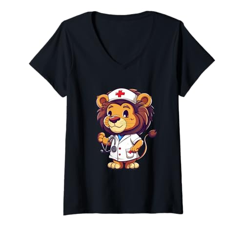 Damen Nurse Lion Nursing School Healthcare Nursing Stethoskop T-Shirt mit V-Ausschnitt Damen Nurse Lion Nursing School Healthcare Nursing Stethoskop T-Shirt mit V-Ausschnitt von Cute Medical Nurse Animals