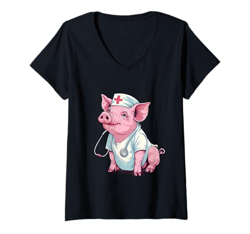 Damen Schwein Krankenschwester Stethoskop Gesundheitswesen Krankenpflege Schwein Arzt Liebhaber T-Shirt mit V-Ausschnitt von Cute Medical Nurse Animals