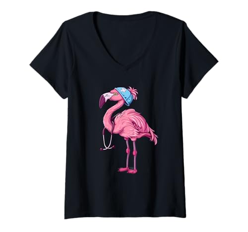 Damen Stethoskop für Krankenschwestern, Flamingo, Vogel T-Shirt mit V-Ausschnitt von Cute Medical Nurse Animals