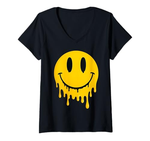 Damen Melting Smile Face Happy Smiling Dripping Emoticons für Kinder T-Shirt mit V-Ausschnitt von Cute Melted Smile Face Groovy Funny Happy Face