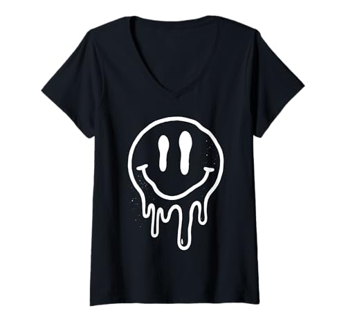 Damen Melting Smile Face Happy Smiling Dripping Emoticons für Kinder T-Shirt mit V-Ausschnitt von Cute Melted Smile Face Groovy Funny Happy Face