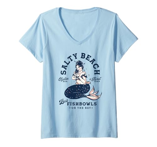 Damen The Salty Beach Austernbar & Durstfalle: Süße Pinup Meerjungfrau T-Shirt mit V-Ausschnitt Damen The Salty Beach Austernbar & Durstfalle: Süße Pinup Meerjungfrau T-Shirt mit V-Ausschnitt von Cute Mermaid Beach Bar & Retro Summer Gift Apparel