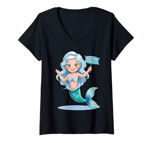 Damen Meerjungfrau Geburtstag Mädchen für Mädchen, die Meerjungfrauen Undersea lieben T-Shirt mit V-Ausschnitt von Cute Mermaid Party outfit for Toddler Little Girls