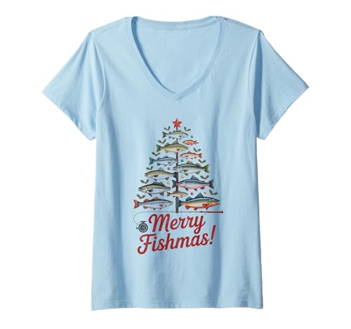 Damen Merry Fishmas Lustiger Weihnachtsbaum T-Shirt mit V-Ausschnitt Damen Merry Fishmas Lustiger Weihnachtsbaum T-Shirt mit V-Ausschnitt von Cute Merry Fishmas Funny Christmas Tree