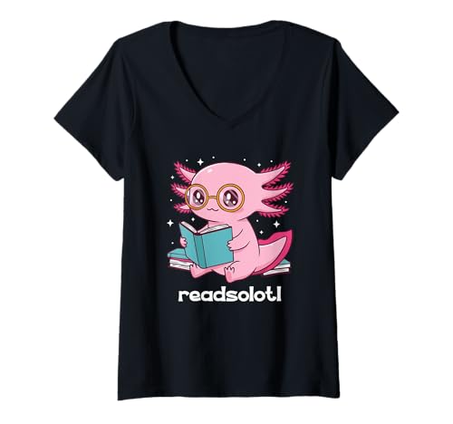 Damen Readsolotl Pink Kawaii Axolotl Buchliebhaber Lustiges Lesen T-Shirt mit V-Ausschnitt Damen Readsolotl Pink Kawaii Axolotl Buchliebhaber Lustiges Lesen T-Shirt mit V-Ausschnitt von Cute Mexican Salamander Axolotl Readsolotl gifts