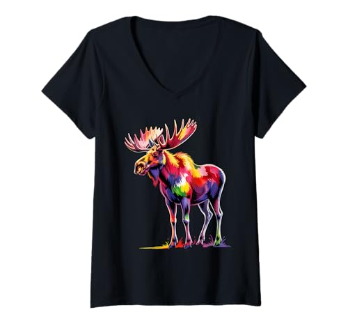Damen Elch, bunt, Pop-Art, schöne Elch-Liebhaber, für Männer und Frauen T-Shirt mit V-Ausschnitt Damen Elch, bunt, Pop-Art, schöne Elch-Liebhaber, für Männer und Frauen T-Shirt mit V-Ausschnitt von Cute Moose Abstract Paint Wildlife Costume Clothes