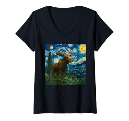 Damen Lustiger Elch Sternennacht Heulender Mond Elch für Kinder Kleinkind T-Shirt mit V-Ausschnitt von Cute Moose Starry Night Apparel For Women Men kids