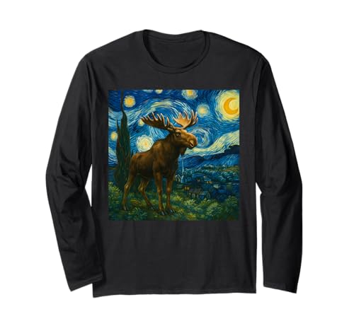 Lustiger Elch Sternennacht Heulender Mond Elch für Kinder Kleinkind Langarmshirt von Cute Moose Starry Night Apparel For Women Men kids