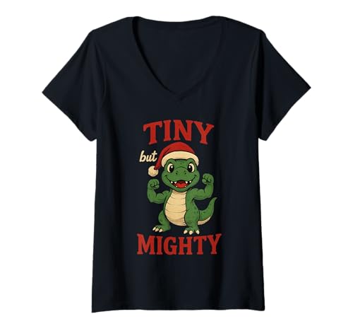 Damen Tiny But Mighty Funny T-Rex Dinosaurier Weihnachten Dino T-Shirt mit V-Ausschnitt Damen Tiny But Mighty Funny T-Rex Dinosaurier Weihnachten Dino T-Shirt mit V-Ausschnitt von Cute Muscular Dino XMAS Holiday Dinosaur PJ Design