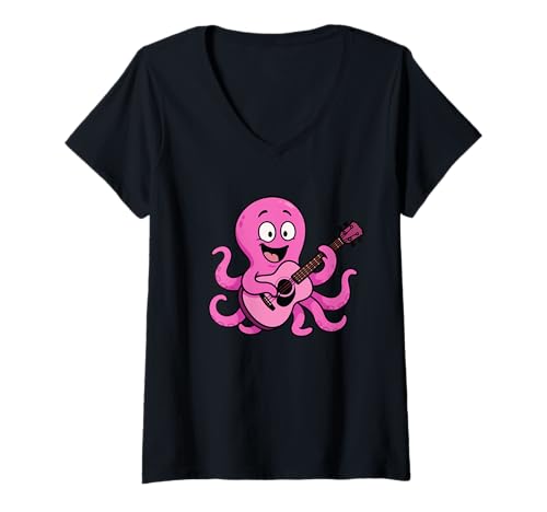 Damen Lustiger Oktopus, der Gitarre spielt, Geschenk für Gitarristen, Erwachsene, Kinder T-Shirt mit V-Ausschnitt von Cute Musician Octopus Guitar Player Graphic Design