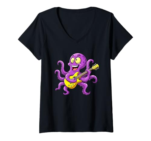 Damen Lustiger Oktopus, der Gitarre spielt, Geschenk für Gitarristen, Erwachsene, Kinder T-Shirt mit V-Ausschnitt von Cute Musician Octopus Guitar Player Graphic Design