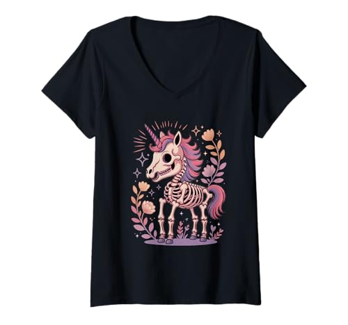 Damen Niedliches Skelett Einhorn Floral Boho Stil Halloween T-Shirt mit V-Ausschnitt von Cute N Spooky Halloween Unicorns