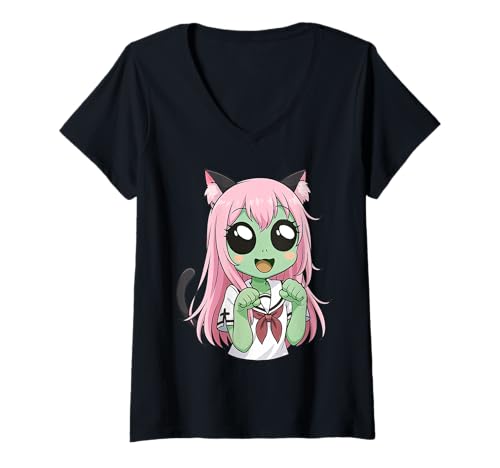 Damen Lustiger Otaku aus dem Anime-Anime-Film „Kawaii Cat Girl Alien“ T-Shirt mit V-Ausschnitt von Cute Nekomimi Alien Japanese Anime Sci-Fi Design