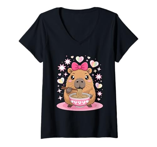 Damen Lustige süße Capybara Ramen Liebhaber Kawaii Nudel T-Shirt mit V-Ausschnitt von Cute Noodle Capybara Kawaii Lovers