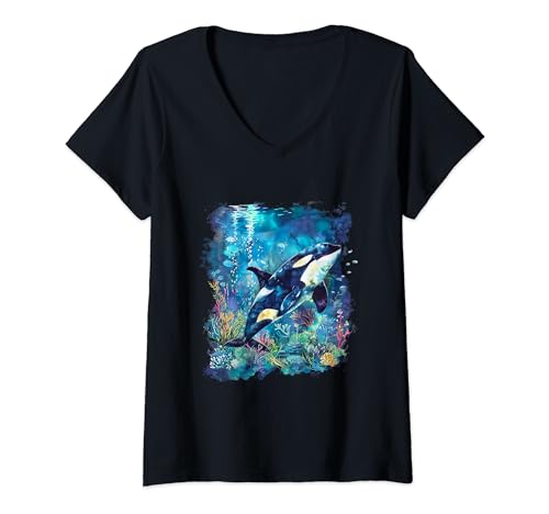 Damen Orca mit einem niedlichen Unterwasser-Orca T-Shirt mit V-Ausschnitt Damen Orca mit einem niedlichen Unterwasser-Orca T-Shirt mit V-Ausschnitt von Cute Orca Gifts