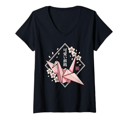 Damen Kawaii Origami Kranich - Japanische Sakura Ästhetik T-Shirt mit V-Ausschnitt Damen Kawaii Origami Kranich - Japanische Sakura Ästhetik T-Shirt mit V-Ausschnitt von Cute Origami Crane - Japanese Cherry Blossom
