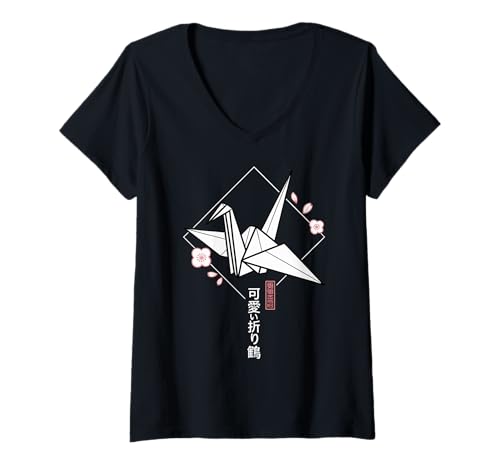 Damen Klassischer Kawaii-Origami-Kranich, japanische Sakura-Ästhetik T-Shirt mit V-Ausschnitt Damen Klassischer Kawaii-Origami-Kranich, japanische Sakura-Ästhetik T-Shirt mit V-Ausschnitt von Cute Origami Crane - Japanese Cherry Blossom
