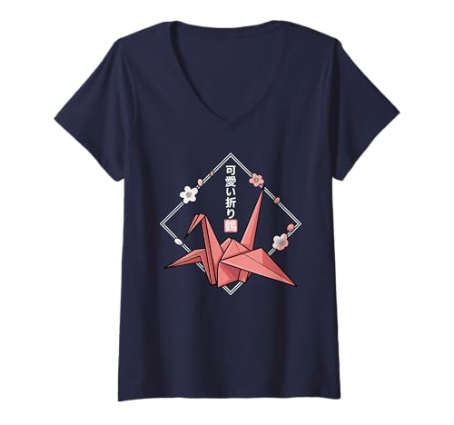 Damen Minimaler Origami-Kranich - Kawaii Orizuru Origami T-Shirt mit V-Ausschnitt Damen Minimaler Origami-Kranich - Kawaii Orizuru Origami T-Shirt mit V-Ausschnitt von Cute Origami Crane - Japanese Cherry Blossom