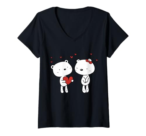 Damen Niedliches Panda-Paar, lustiges Unisex-Design für Männer und Frauen T-Shirt mit V-Ausschnitt von Cute Panda Couple Funny Unisex Design For Tee