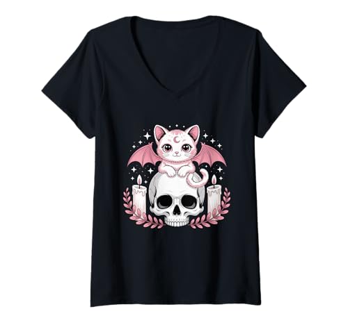 Damen Niedliche rosa Fledermaus-Katze, die auf Totenkopf-Skelett-Kerzen sitzt T-Shirt mit V-Ausschnitt Damen Niedliche rosa Fledermaus-Katze, die auf Totenkopf-Skelett-Kerzen sitzt T-Shirt mit V-Ausschnitt von Cute Pastel Colors Bat Cat Animal on Skull Candles