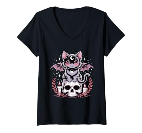 Damen Niedliche rosa Fledermaus-Katze, die auf Totenkopf-Skelett-Kerzen sitzt T-Shirt mit V-Ausschnitt von Cute Pastel Colors Bat Cat Animal on Skull Candles