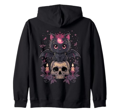 Niedliche rosa Fledermaus-Katze, die auf Totenkopf-Skelett-Kerzen sitzt Kapuzenjacke Niedliche rosa Fledermaus-Katze, die auf Totenkopf-Skelett-Kerzen sitzt Kapuzenjacke von Cute Pastel Colors Bat Cat Animal on Skull Candles