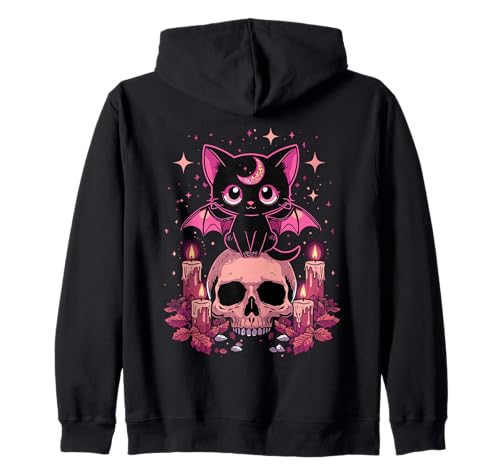 Niedliche rosa Fledermaus-Katze, die auf Totenkopf-Skelett-Kerzen sitzt Kapuzenjacke Niedliche rosa Fledermaus-Katze, die auf Totenkopf-Skelett-Kerzen sitzt Kapuzenjacke von Cute Pastel Colors Bat Cat Animal on Skull Candles