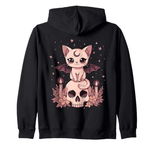 Niedliche rosa Fledermaus-Katze, die auf Totenkopf-Skelett-Kerzen sitzt Kapuzenjacke Niedliche rosa Fledermaus-Katze, die auf Totenkopf-Skelett-Kerzen sitzt Kapuzenjacke von Cute Pastel Colors Bat Cat Animal on Skull Candles