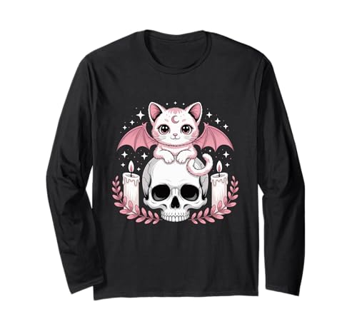 Niedliche rosa Fledermaus-Katze, die auf Totenkopf-Skelett-Kerzen sitzt Langarmshirt Niedliche rosa Fledermaus-Katze, die auf Totenkopf-Skelett-Kerzen sitzt Langarmshirt von Cute Pastel Colors Bat Cat Animal on Skull Candles