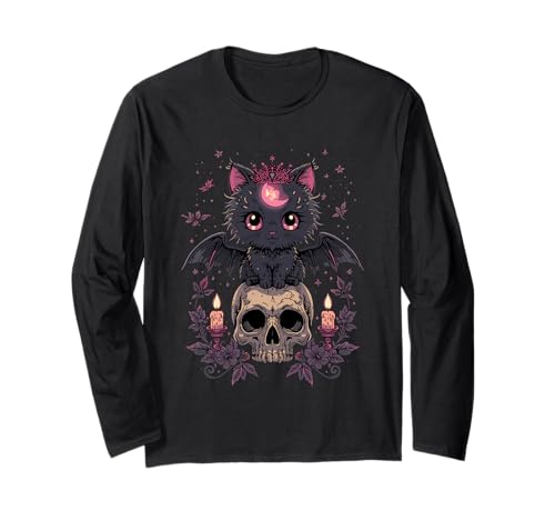 Niedliche rosa Fledermaus-Katze, die auf Totenkopf-Skelett-Kerzen sitzt Langarmshirt Niedliche rosa Fledermaus-Katze, die auf Totenkopf-Skelett-Kerzen sitzt Langarmshirt von Cute Pastel Colors Bat Cat Animal on Skull Candles