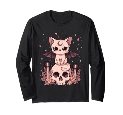 Niedliche rosa Fledermaus-Katze, die auf Totenkopf-Skelett-Kerzen sitzt Langarmshirt Niedliche rosa Fledermaus-Katze, die auf Totenkopf-Skelett-Kerzen sitzt Langarmshirt von Cute Pastel Colors Bat Cat Animal on Skull Candles