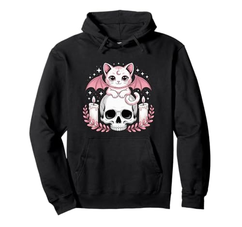 Niedliche rosa Fledermaus-Katze, die auf Totenkopf-Skelett-Kerzen sitzt Pullover Hoodie Niedliche rosa Fledermaus-Katze, die auf Totenkopf-Skelett-Kerzen sitzt Pullover Hoodie von Cute Pastel Colors Bat Cat Animal on Skull Candles