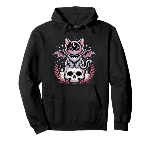 Niedliche rosa Fledermaus-Katze, die auf Totenkopf-Skelett-Kerzen sitzt Pullover Hoodie Niedliche rosa Fledermaus-Katze, die auf Totenkopf-Skelett-Kerzen sitzt Pullover Hoodie von Cute Pastel Colors Bat Cat Animal on Skull Candles