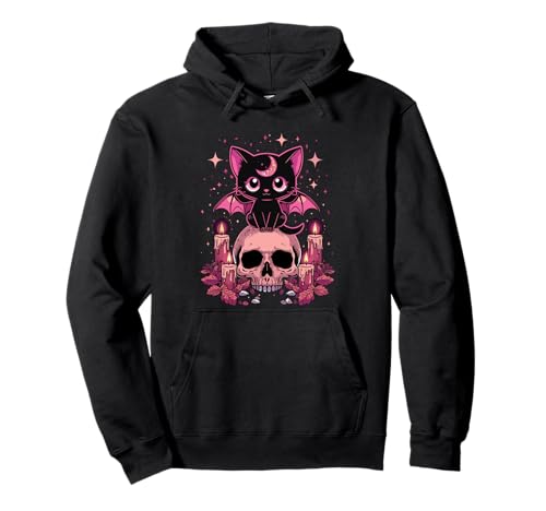 Niedliche rosa Fledermaus-Katze, die auf Totenkopf-Skelett-Kerzen sitzt Pullover Hoodie Niedliche rosa Fledermaus-Katze, die auf Totenkopf-Skelett-Kerzen sitzt Pullover Hoodie von Cute Pastel Colors Bat Cat Animal on Skull Candles