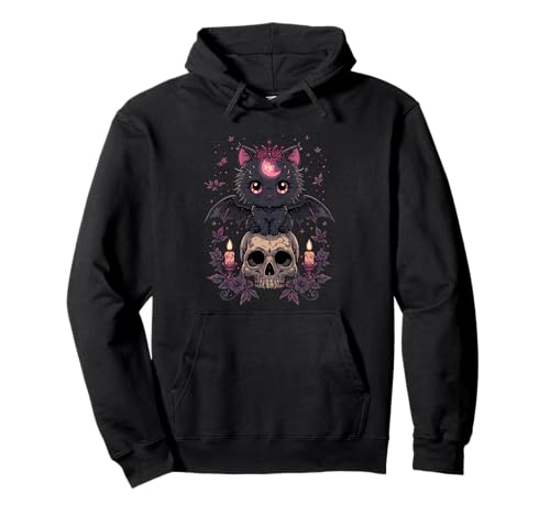 Niedliche rosa Fledermaus-Katze, die auf Totenkopf-Skelett-Kerzen sitzt Pullover Hoodie Niedliche rosa Fledermaus-Katze, die auf Totenkopf-Skelett-Kerzen sitzt Pullover Hoodie von Cute Pastel Colors Bat Cat Animal on Skull Candles