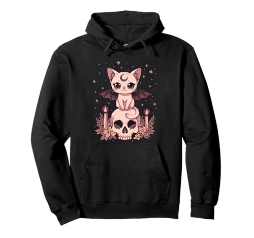 Niedliche rosa Fledermaus-Katze, die auf Totenkopf-Skelett-Kerzen sitzt Pullover Hoodie Niedliche rosa Fledermaus-Katze, die auf Totenkopf-Skelett-Kerzen sitzt Pullover Hoodie von Cute Pastel Colors Bat Cat Animal on Skull Candles