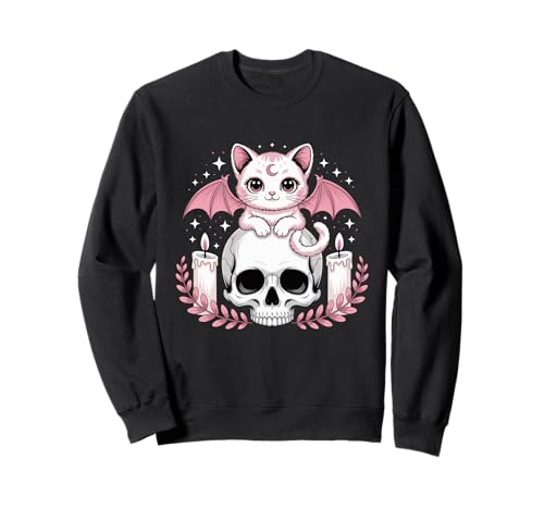 Niedliche rosa Fledermaus-Katze, die auf Totenkopf-Skelett-Kerzen sitzt Sweatshirt von Cute Pastel Colors Bat Cat Animal on Skull Candles