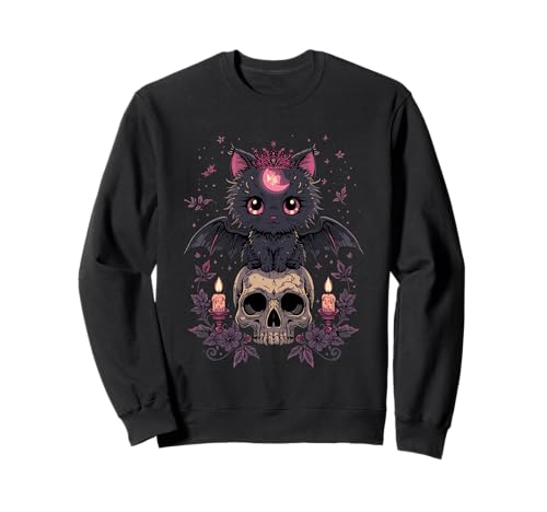 Niedliche rosa Fledermaus-Katze, die auf Totenkopf-Skelett-Kerzen sitzt Sweatshirt Niedliche rosa Fledermaus-Katze, die auf Totenkopf-Skelett-Kerzen sitzt Sweatshirt von Cute Pastel Colors Bat Cat Animal on Skull Candles