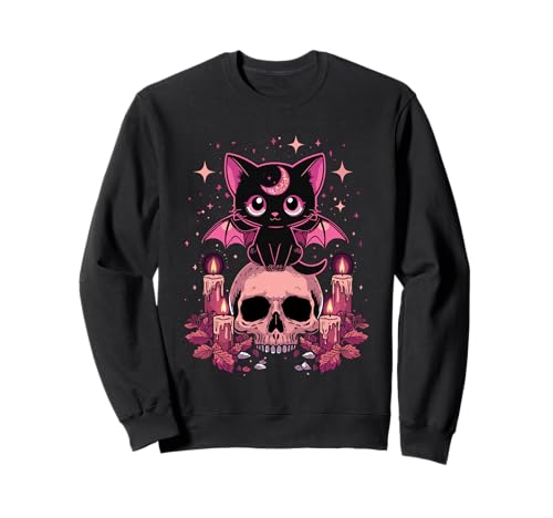 Niedliche rosa Fledermaus-Katze, die auf Totenkopf-Skelett-Kerzen sitzt Sweatshirt Niedliche rosa Fledermaus-Katze, die auf Totenkopf-Skelett-Kerzen sitzt Sweatshirt von Cute Pastel Colors Bat Cat Animal on Skull Candles