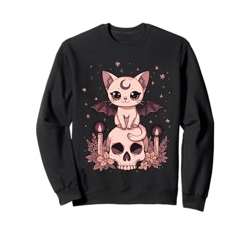 Niedliche rosa Fledermaus-Katze, die auf Totenkopf-Skelett-Kerzen sitzt Sweatshirt Niedliche rosa Fledermaus-Katze, die auf Totenkopf-Skelett-Kerzen sitzt Sweatshirt von Cute Pastel Colors Bat Cat Animal on Skull Candles