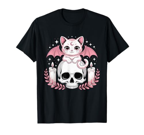 Niedliche rosa Fledermaus-Katze, die auf Totenkopf-Skelett-Kerzen sitzt T-Shirt Niedliche rosa Fledermaus-Katze, die auf Totenkopf-Skelett-Kerzen sitzt T-Shirt von Cute Pastel Colors Bat Cat Animal on Skull Candles