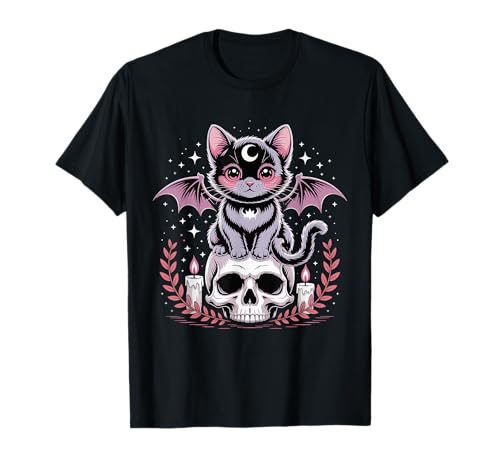 Niedliche rosa Fledermaus-Katze, die auf Totenkopf-Skelett-Kerzen sitzt T-Shirt Niedliche rosa Fledermaus-Katze, die auf Totenkopf-Skelett-Kerzen sitzt T-Shirt von Cute Pastel Colors Bat Cat Animal on Skull Candles
